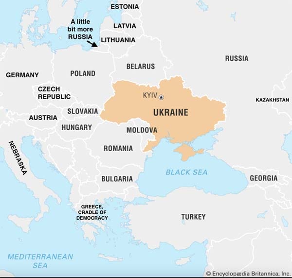 Map with Ukraine in the center, Russia to the east, and European countries bordering Ukraine to the north, west, and south.