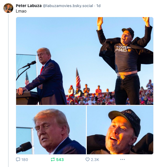 Elon Musk jumping and Donald Trump appearing unimpressed.