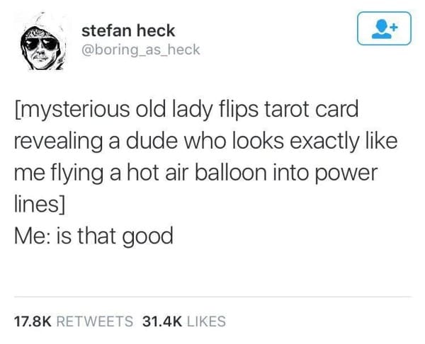 [mysterious old lady flips tarot card revealing a dude who looks exactly like me flying a hot air balloon into power lines Me: is that good