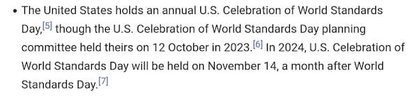 The United States holds an annual U.S. Celebration of World Standards Day, though the U.S. Celebration of World Standards Day planning committee held theirs on 12 October in 2023. In 2024, U.S. Celebration of World Standards Day will be held on November 14, a month after World Standards Day.