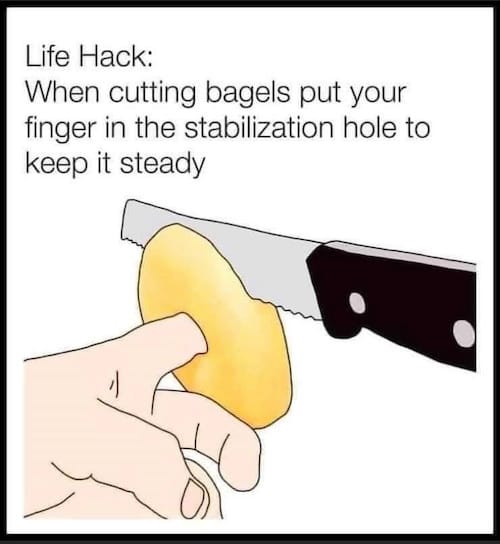 Illustration of a hand with its index finger poked through the hole of a bagel, holding it steady as a serrated knife cuts through it.