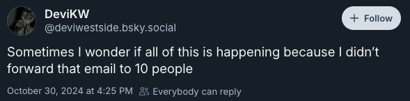 Sometimes I wonder if all of this is happening because I didn’t forward that email to 10 people —@deviwestside.bsky.social, October 30, 2024