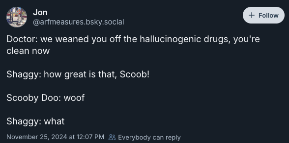 Doctor: we weaned you off the hallucinogenic drugs, you're clean now  Shaggy: how great is that, Scoob!  Scooby Doo: woof  Shaggy: what —@arfmeasures.bsky.social‬, November 25, 2024