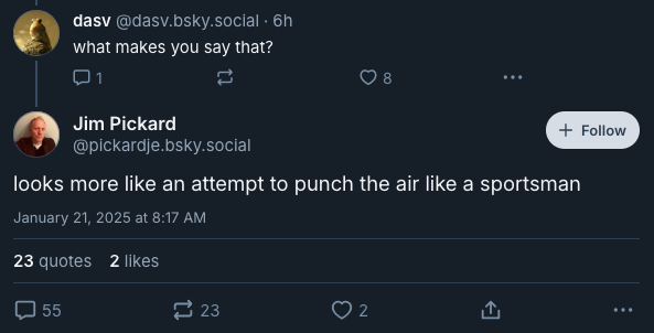 Reply to the skeet screenshotted above: what makes you say that? Reply from Jim Pickard: looks more like an attempt to punch the air like a sportsman