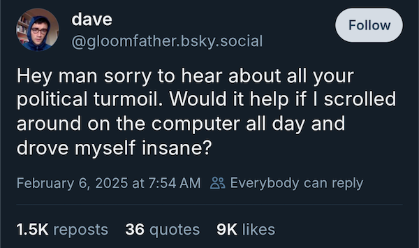 Hey man sorry to hear about all your political turmoil. Would it help if I scrolled around on the computer all day and drove myself insane? —@gloomfather.bsky.social, Feb 6 2025