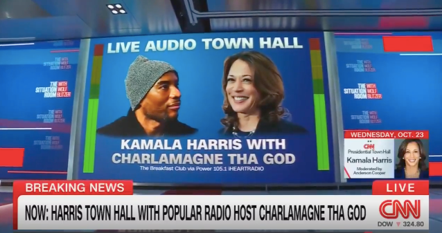 Screenshot from a CNN live video broadcast of audio of Charlamagne tha God's interview with Kamala Harris.