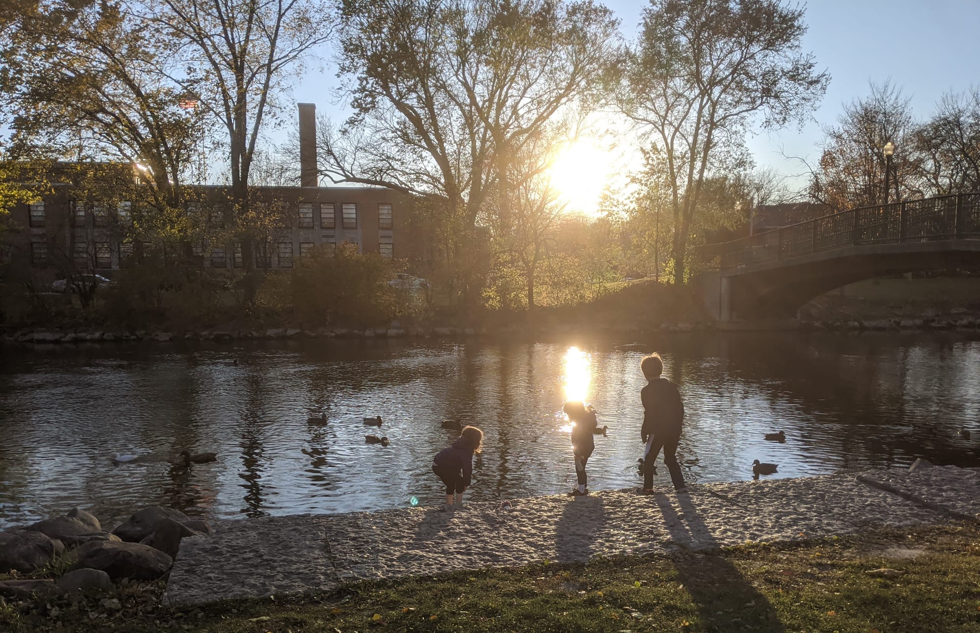 Three children standing at the edge of a river near a footbridge, with ducks floating in the water as the sun sets.