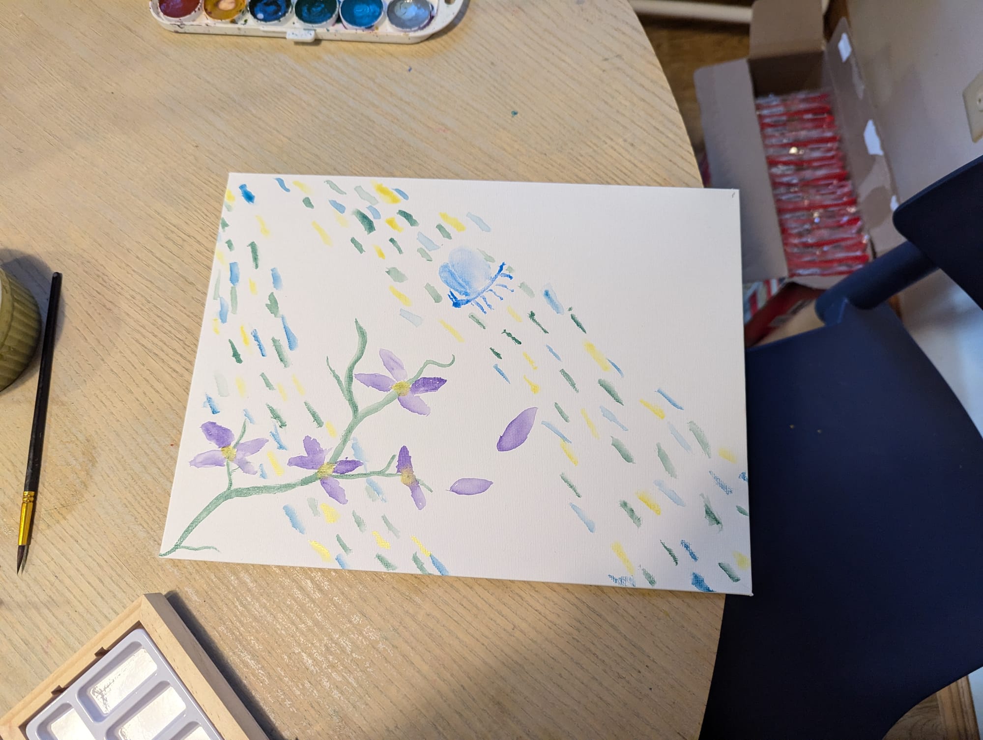 A watercolor painting by an 8-year-old of a green branch with purple flowers, rain, and a blue dragonfly.