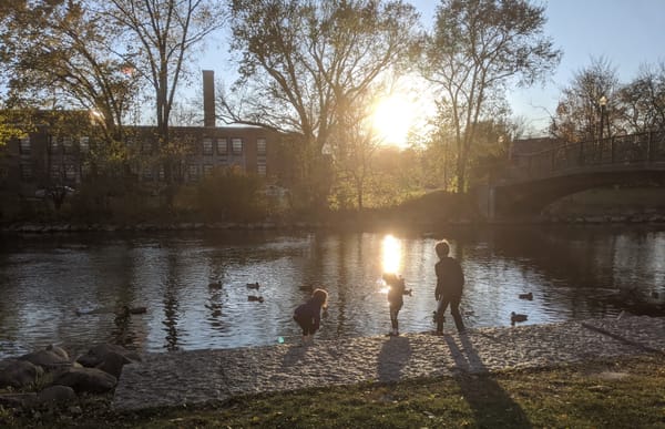 Three children standing at the edge of a river near a footbridge, with ducks floating in the water as the sun sets.